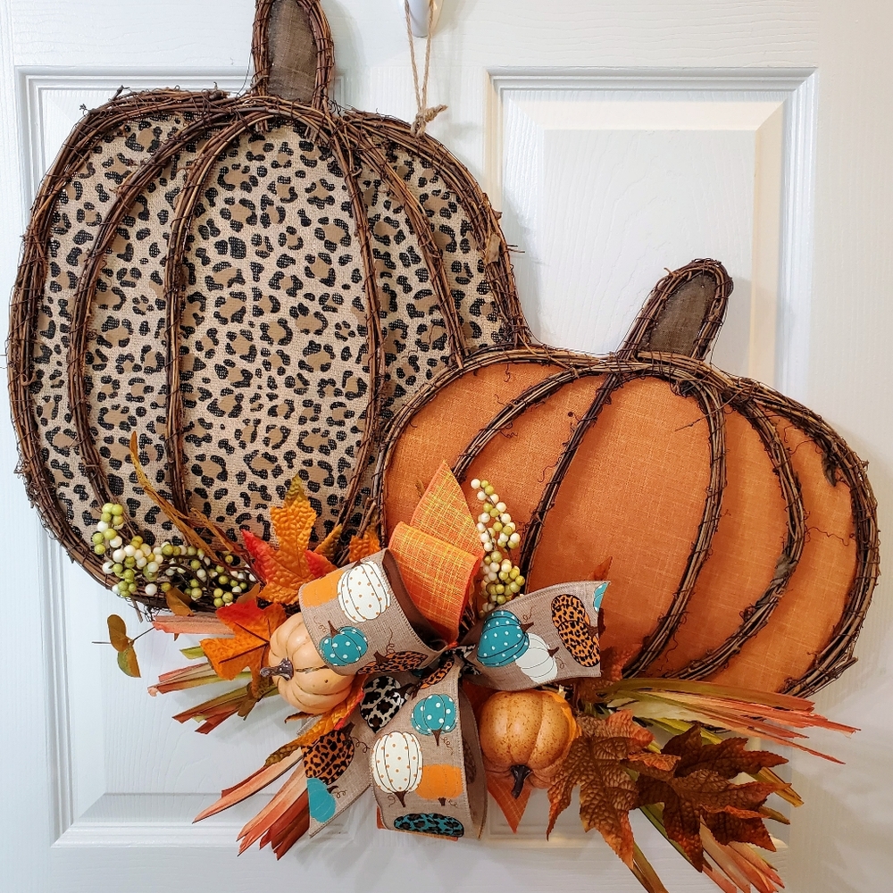 Fall Cheetah Print Pumpkin Grapevine Doorhanger